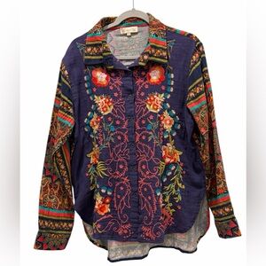 All About Her Embroidered Mosaic Button-Up Shirt 100% Cotton (XL) Hippie Gypsy